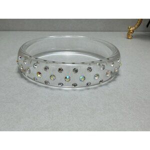 Lucite Clear Rhinestone Bangle Bracelet 8.25” Vintage Statement